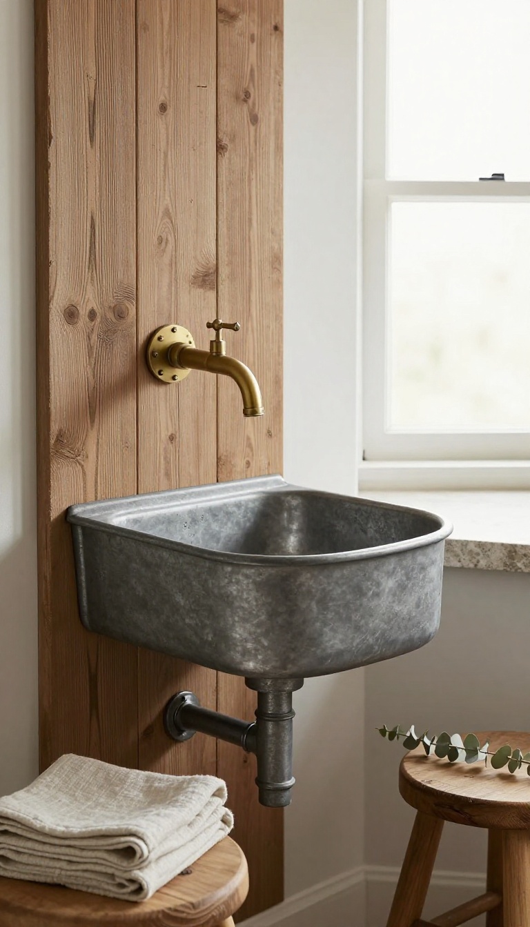 Rustic bathroom with a galvanized metal trough sink, vintage wall-mount faucet, and reclaimed wood wall in bright natural light