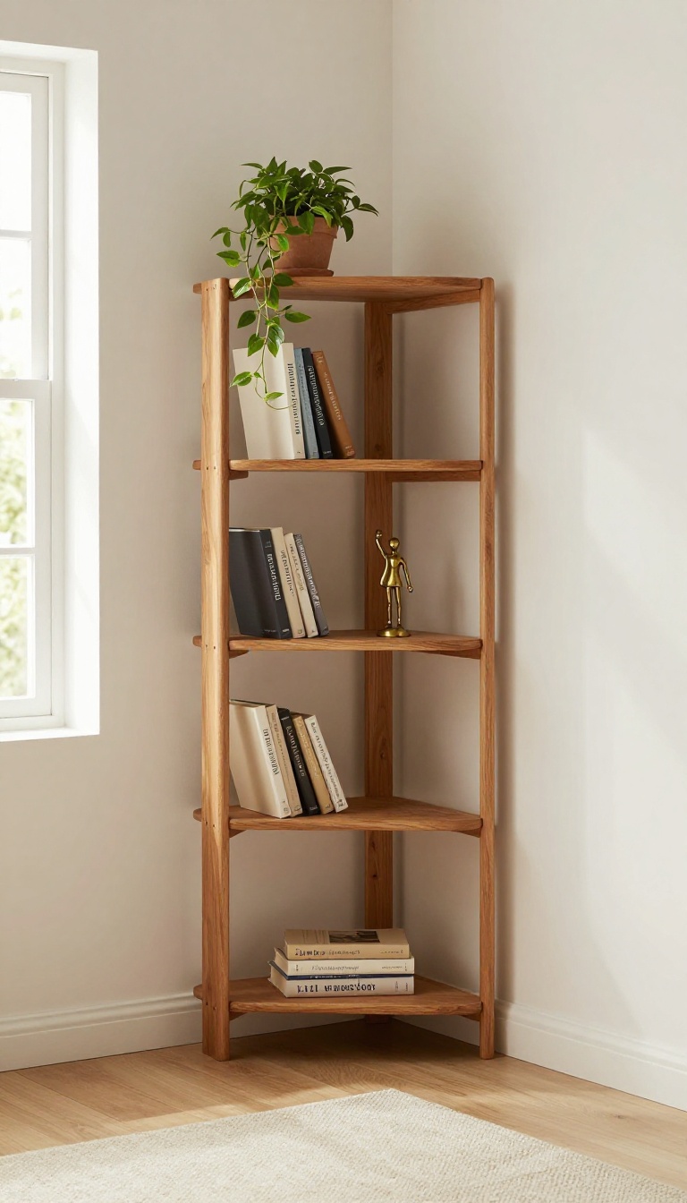 Small Indian living room corner with a tall wooden corner shelf displaying books, a plant, and decor items, maximizing vertical storage in a compact space.