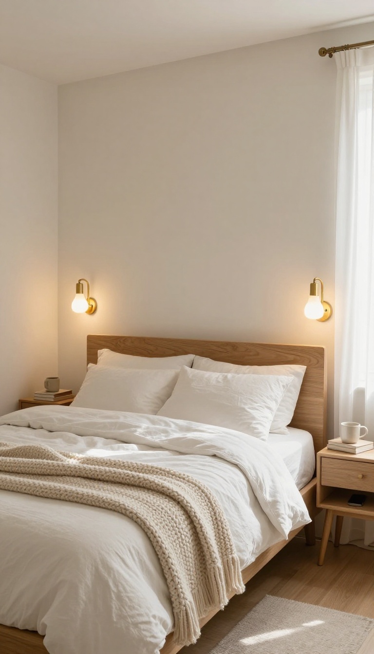 Cozy small bedroom with warm wall sconces mounted above the bed instead of table lamps, leaving a clear uncluttered nightstand in bright natural light