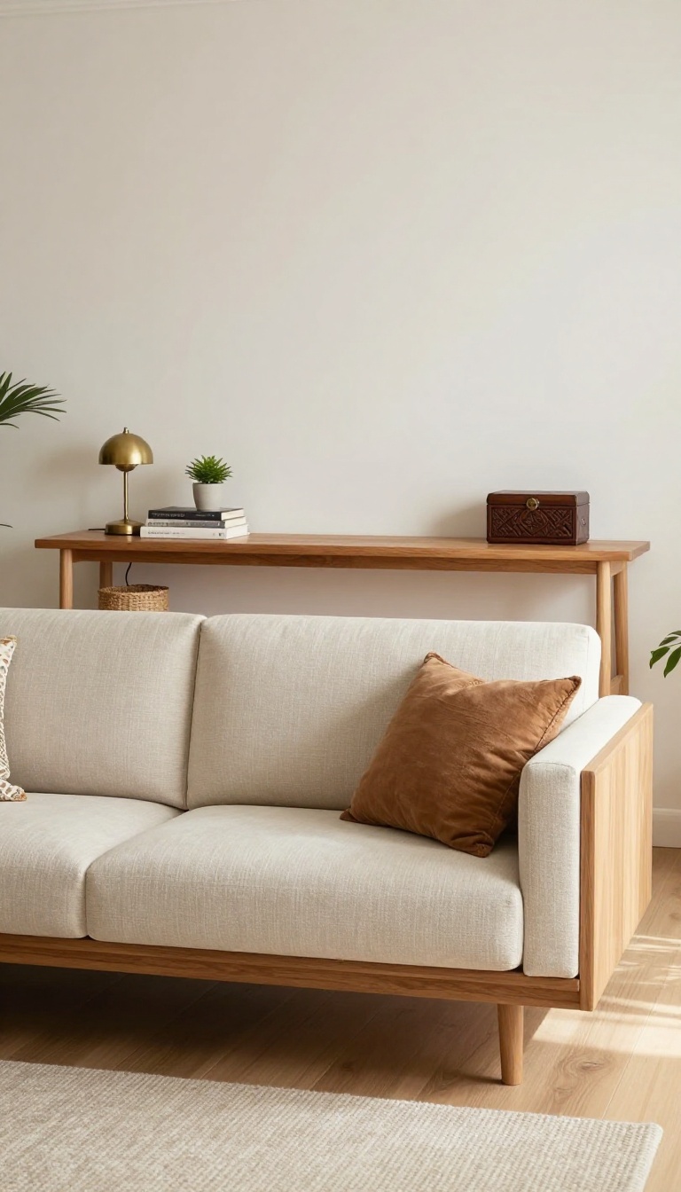 Slim console table behind a floating sofa in a small Indian living room, styled with a lamp, books, and a plant.