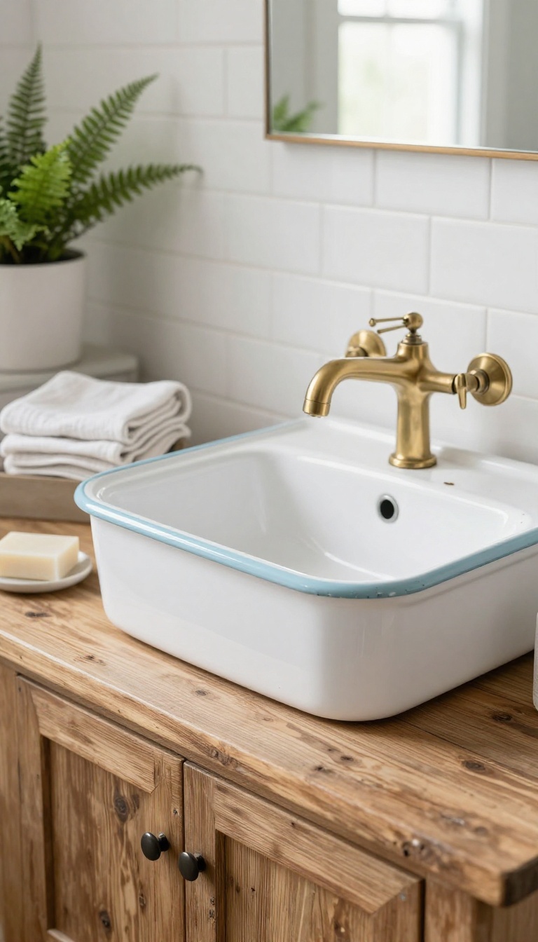 Vintage white enamelware sink with a pale blue rim on a reclaimed wood vanity in a bright rustic farmhouse bathroom