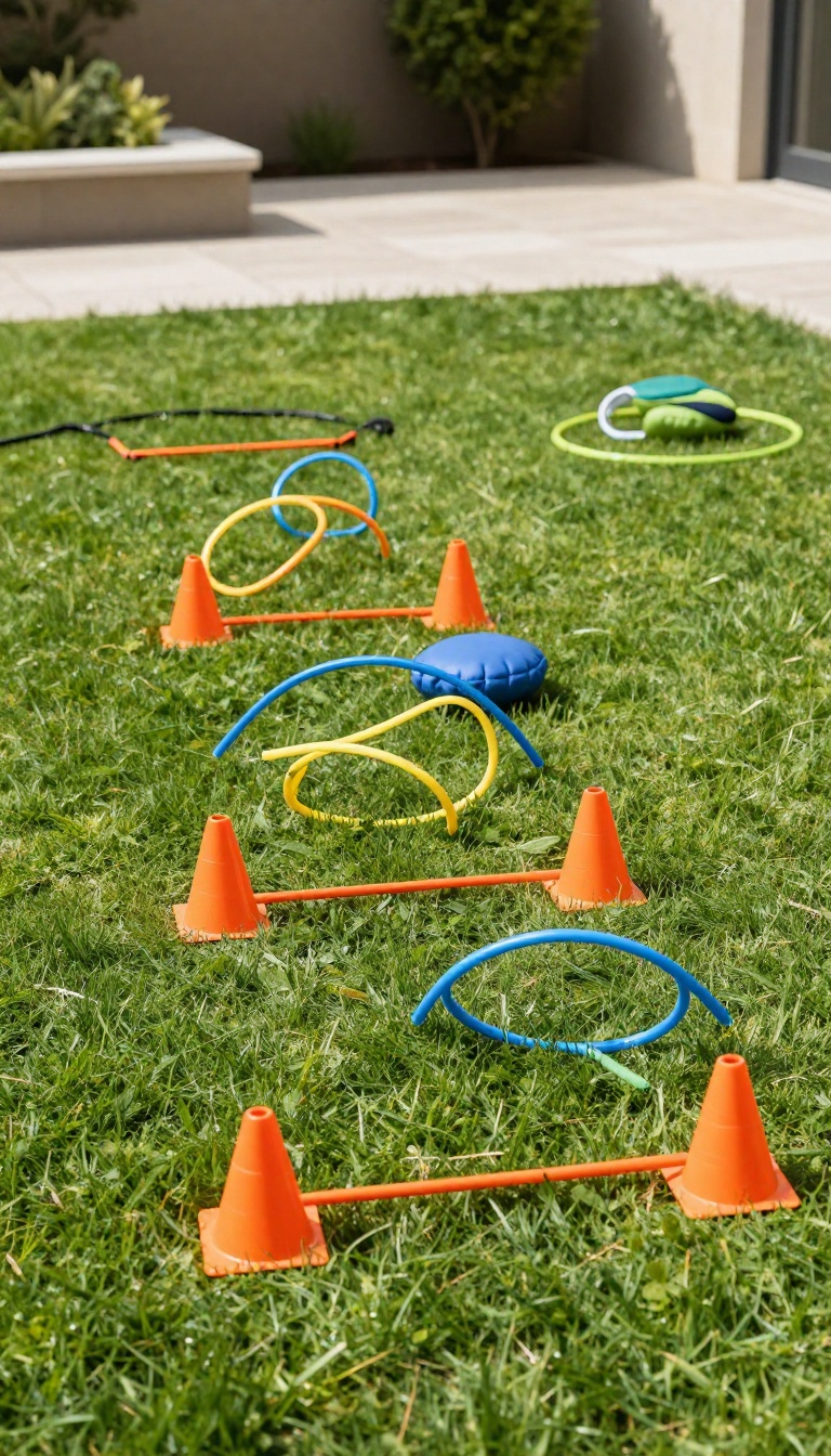 Colorful backyard obstacle course for kids with pool noodles, cones, and jump ropes set up on grass and patio