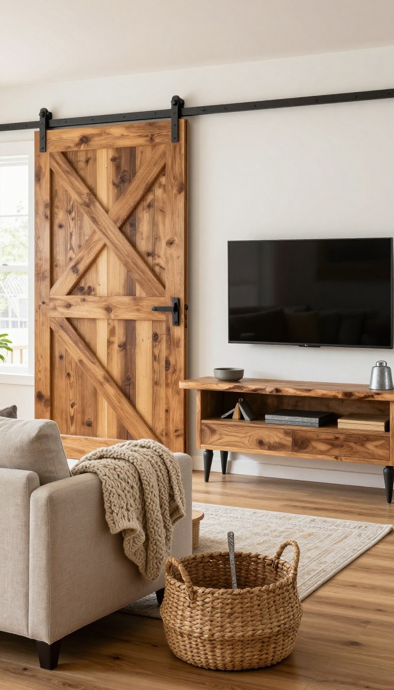 Rustic barn door entertainment center in a farmhouse living room, with the door partially open to reveal a TV