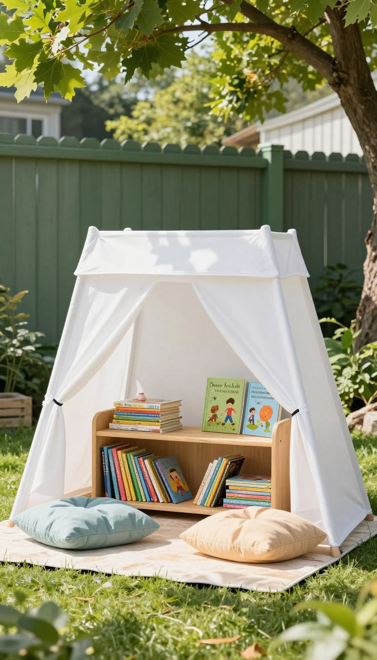 Shaded backyard reading nook with a small canopy, cushions, and a low bookshelf of children's books in a sunny garden