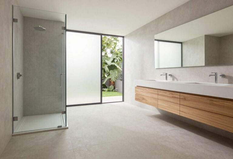 Modern bathroom with large-format matte gray porcelain floor tiles, a glass shower, and a floating wood vanity