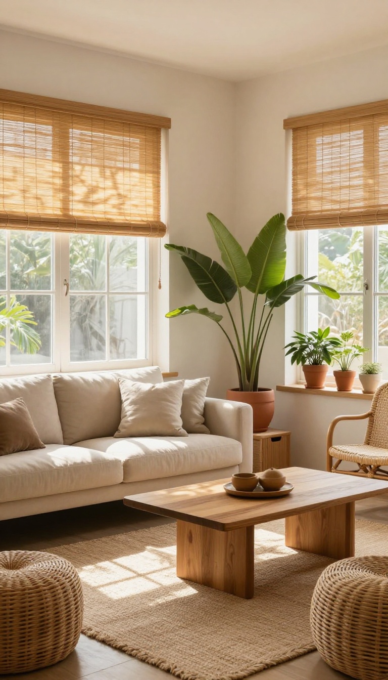 Living room with bamboo blinds casting warm light, featuring natural decor and plants
