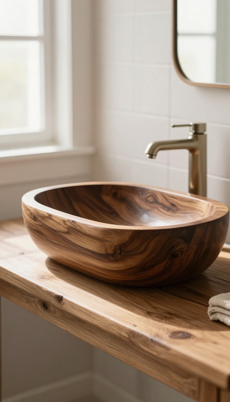 Handcrafted black walnut wooden vessel sink with a glossy epoxy finish on a rustic reclaimed wood vanity in a bright vintage bathroom
