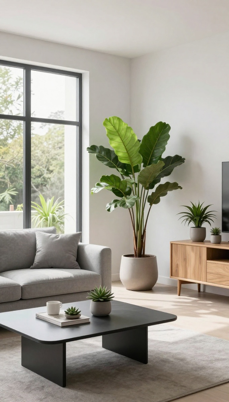 Modern living room with greenery and plants near a window