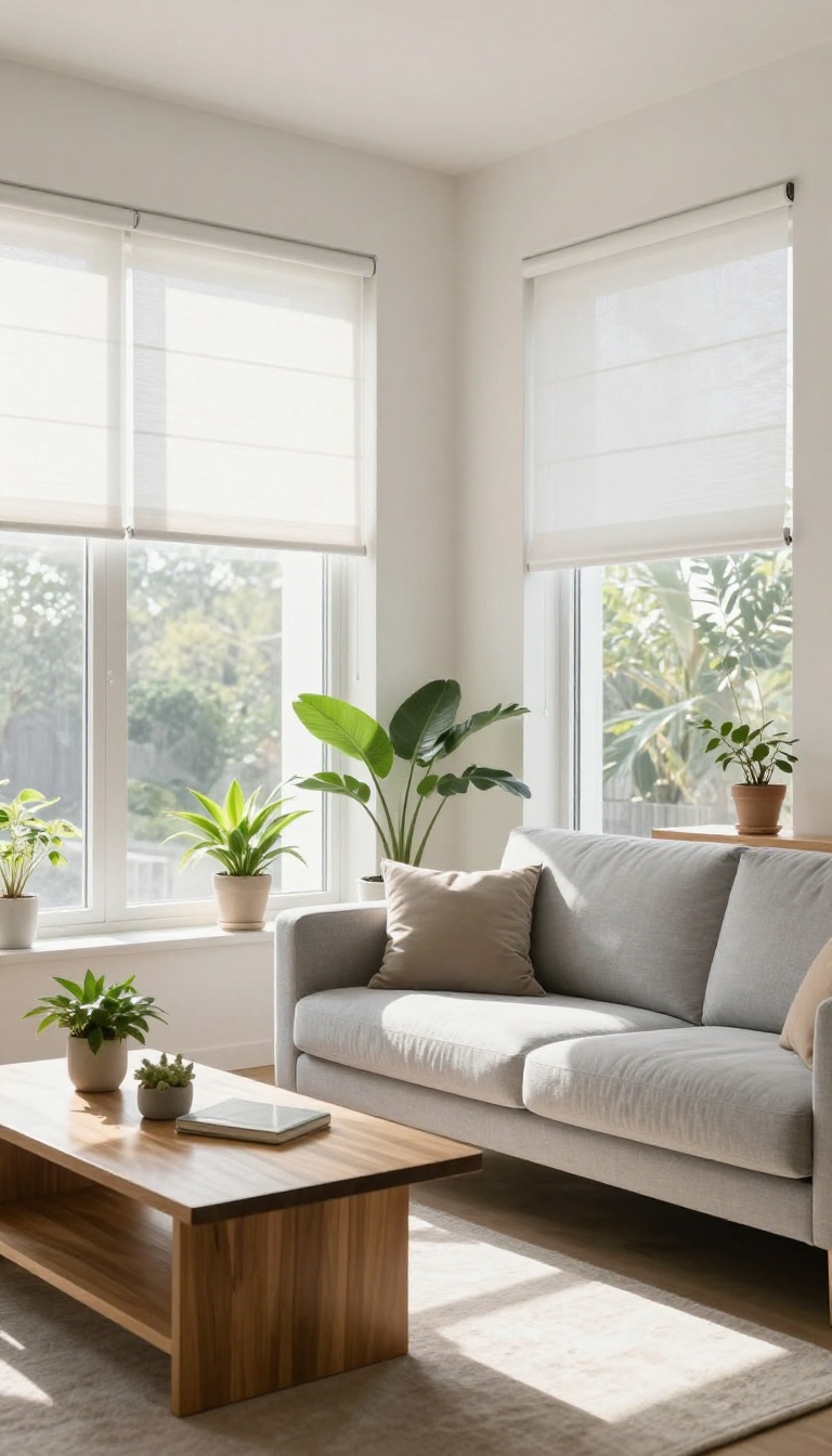Bright living room with white faux wood blinds on large windows, modern decor, and natural light.