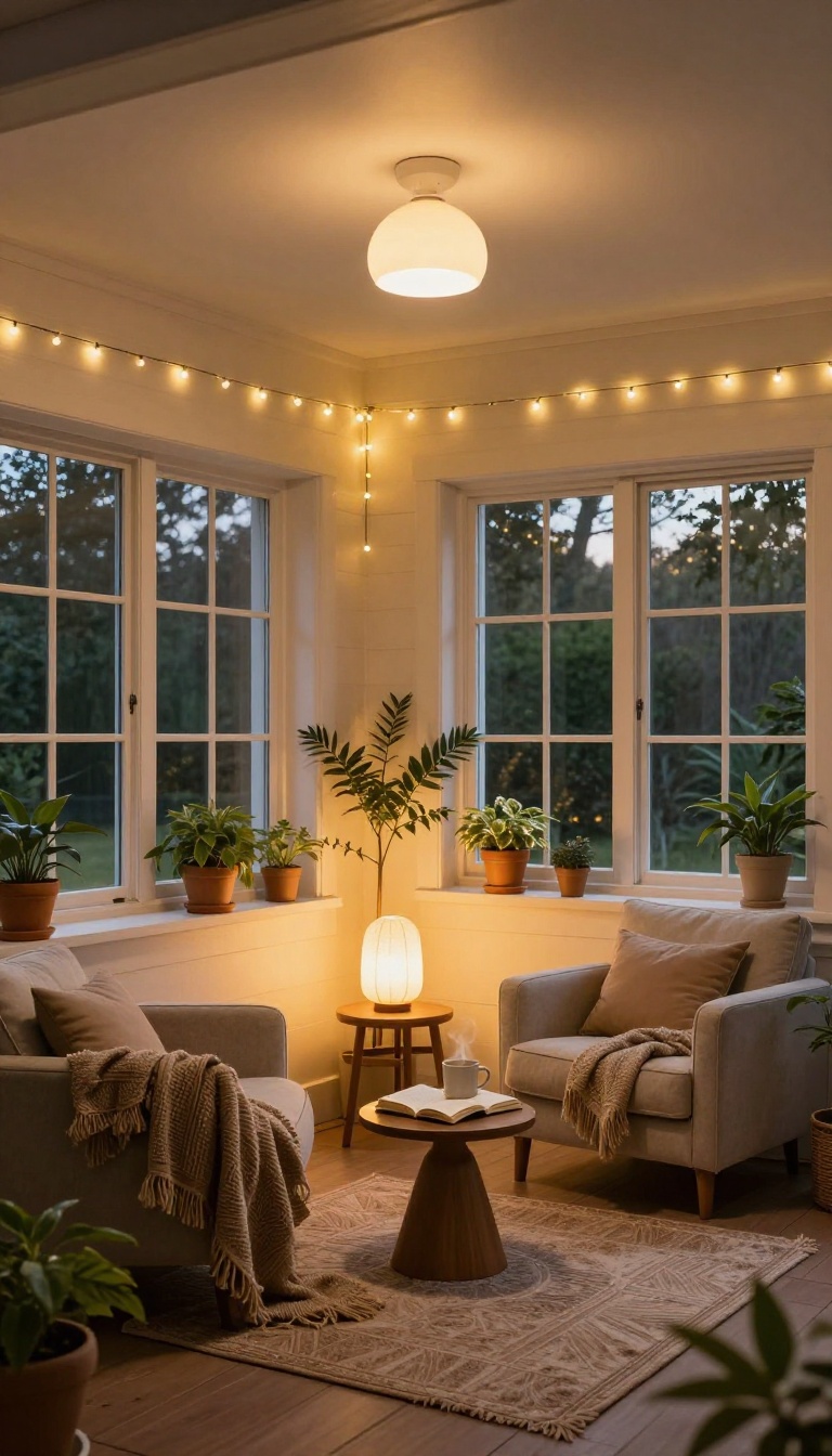 Enclosed patio with layered lighting including overhead pendant, floor lamp, and string lights, creating a cozy ambiance for evening relaxation.