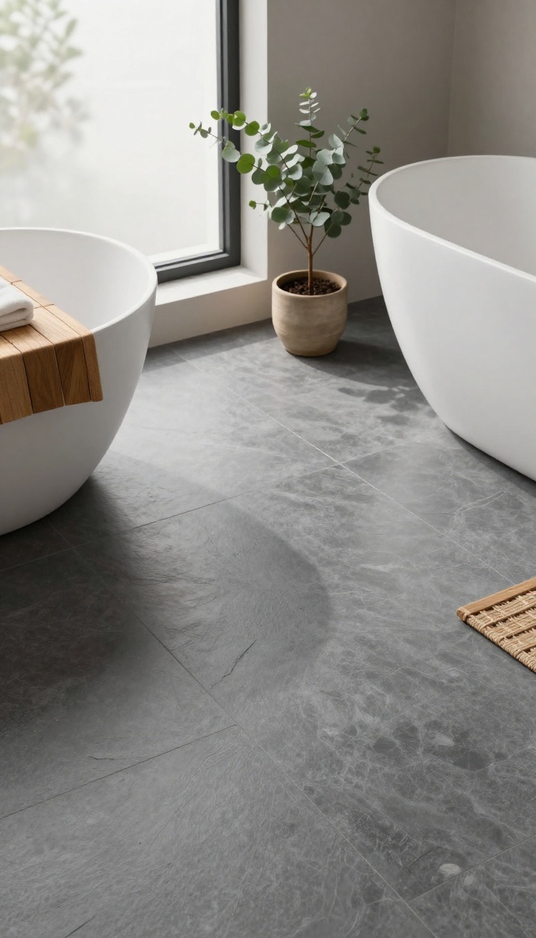 Modern bathroom floor with charcoal slate-look porcelain tiles in a bright spa-inspired space