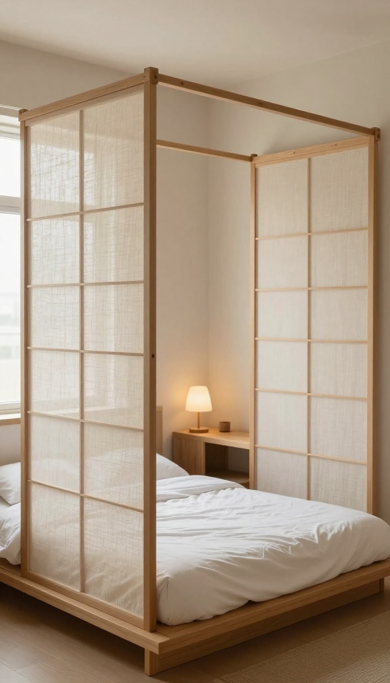 Small Korean-inspired bedroom with a shoji-style sliding screen and linen room divider creating a soft, light-filled study nook beside a low platform bed
