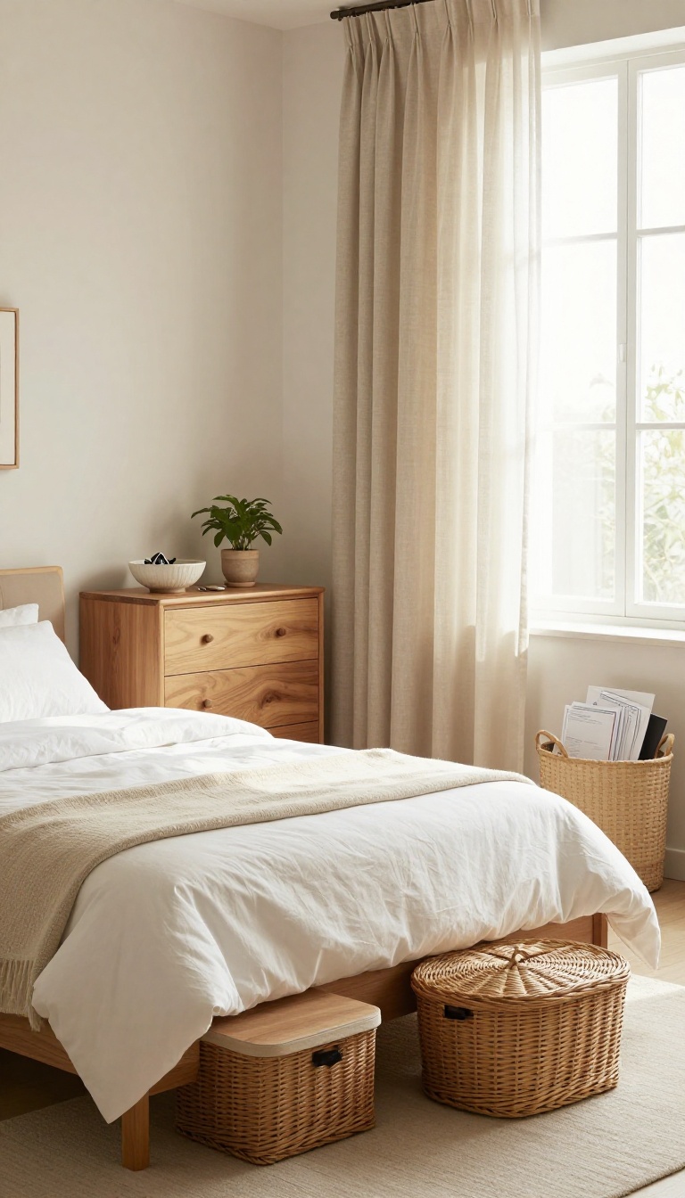 Small bright bedroom with woven lidded baskets and under-bed storage bins keeping the space tidy and calm
