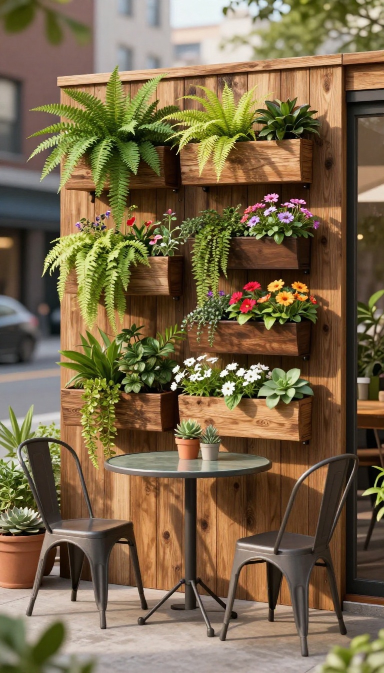 Small patio with a vertical living wall of plants on a wooden fence, bistro table and chair