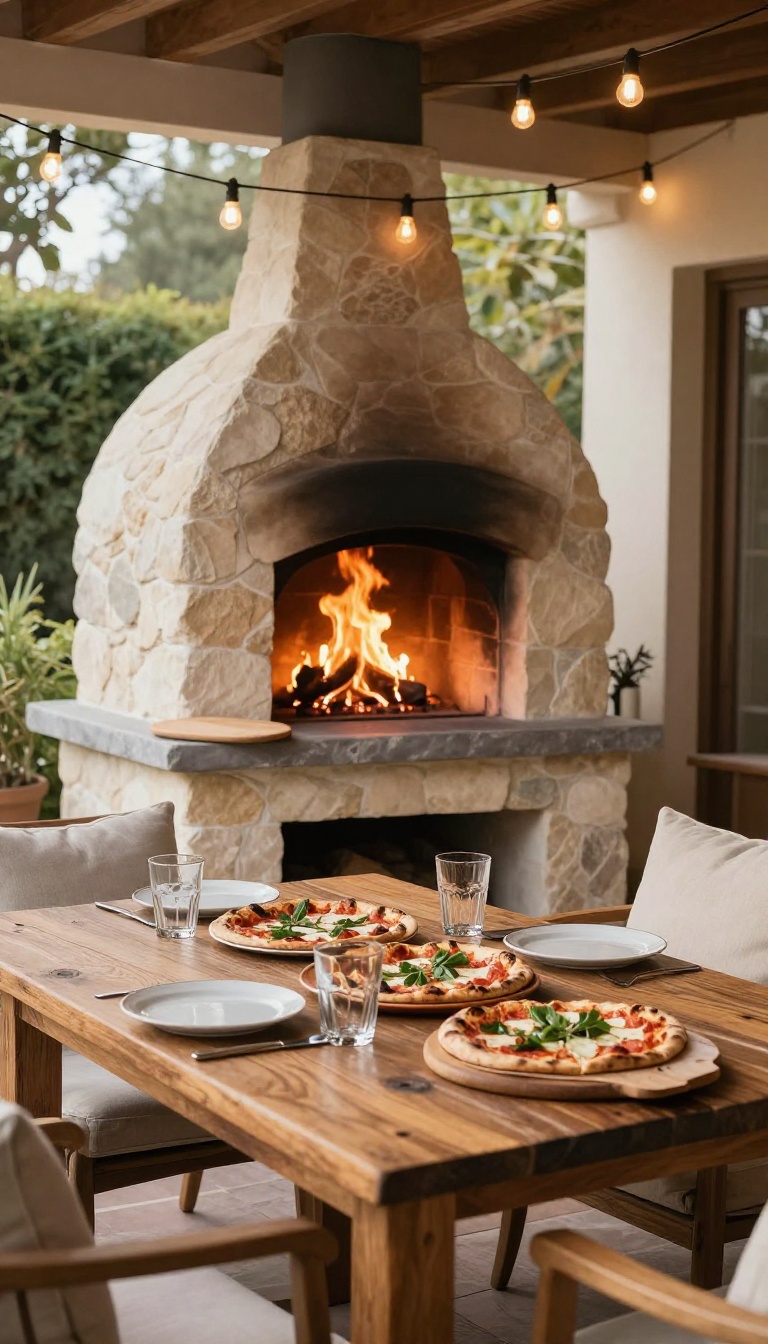 Covered patio with a stone fireplace and pizza oven combo, set for alfresco dining