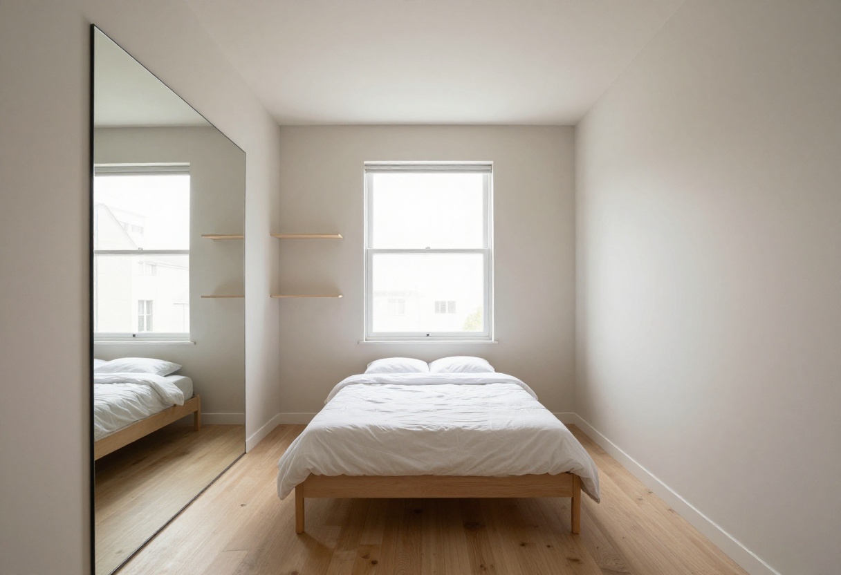 Narrow bedroom with a centered low bed, light walls, and a large mirror creating a sense of space.