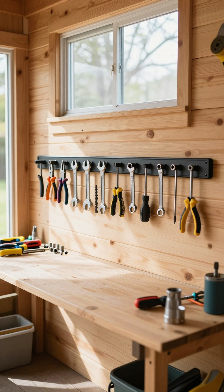 Magnetic tool strip mounted on a shed wall holding pliers, wrenches, and drill bits above a workbench