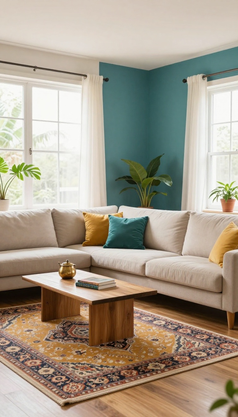 Small Indian living room with light walls, bold mustard and teal accents, and a patterned rug