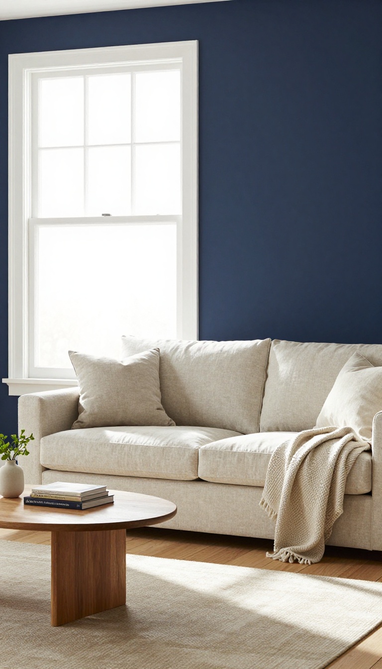 Living room with a deep navy accent wall behind a light beige sofa, styled with neutral pillows and natural light