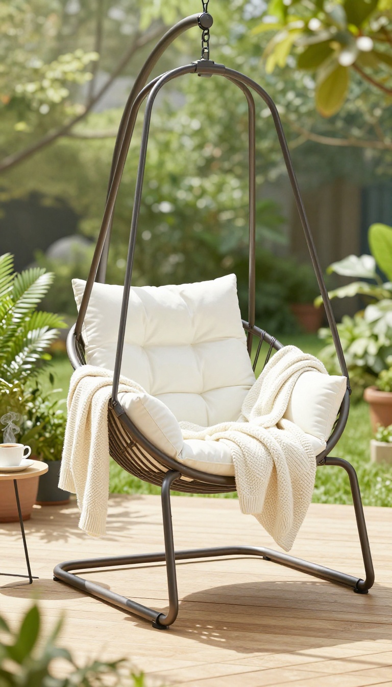 Freestanding hanging egg chair with cushion and throw blanket on a sunny patio surrounded by plants