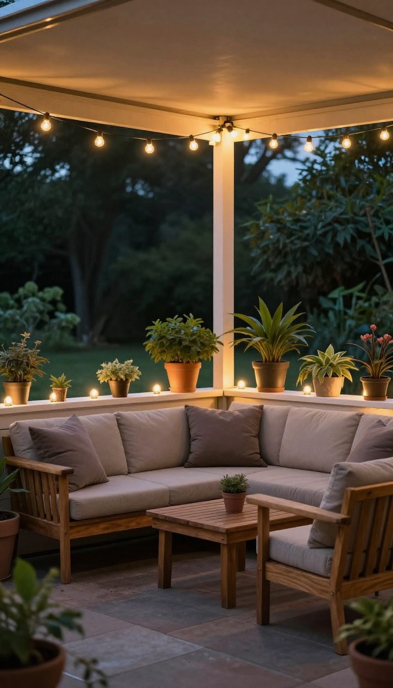 Small patio with warm string lights creating a cozy ambiance at dusk