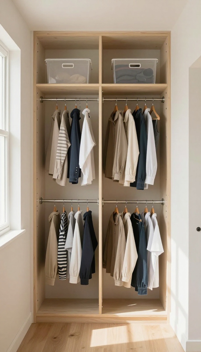 Small shared bedroom closet divided into two equal zones with a slim vertical divider and double hanging rods