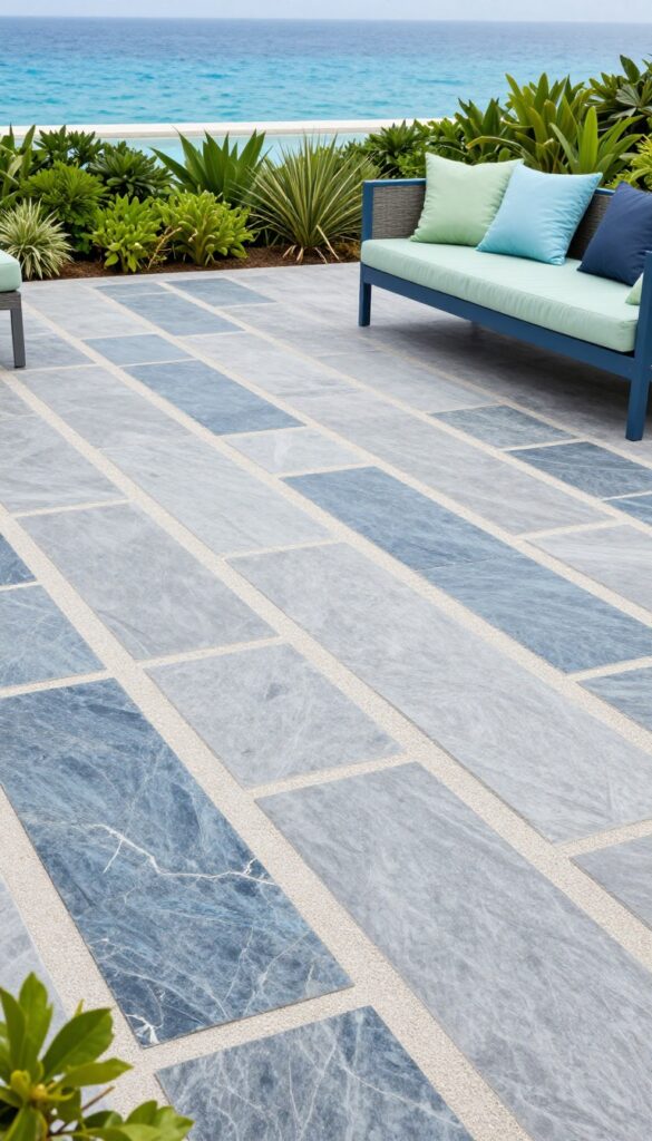 A coastal-inspired patio with cool gray and blue pavers, light joint sand, natural stone accents, and blue-gray outdoor furniture.