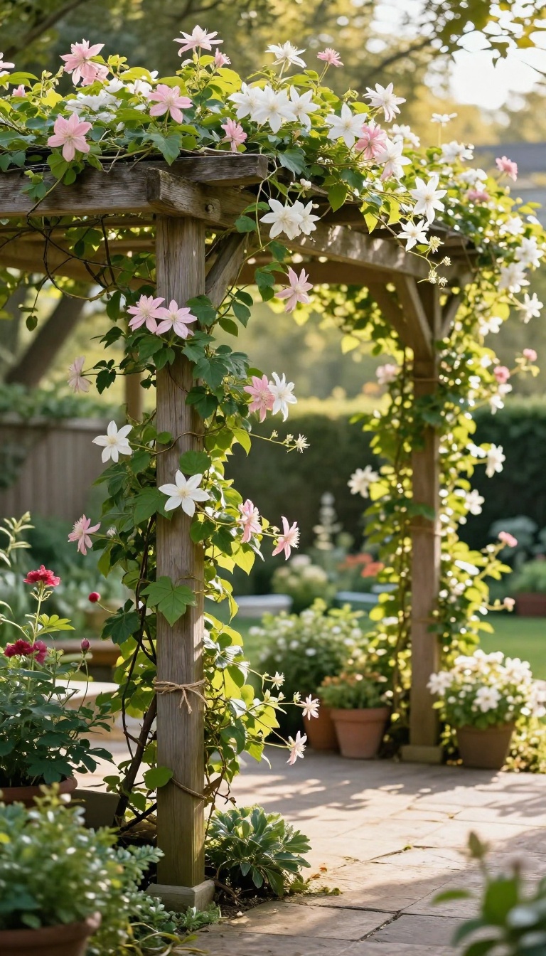 Wooden pergola covered in climbing jasmine and clematis vines with sunlight filtering through the leafy canopy in a backyard garden
