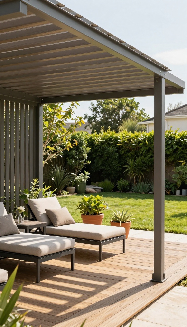 Modern louvered roof gazebo with adjustable slats casting patterned shade over a backyard patio lounge area