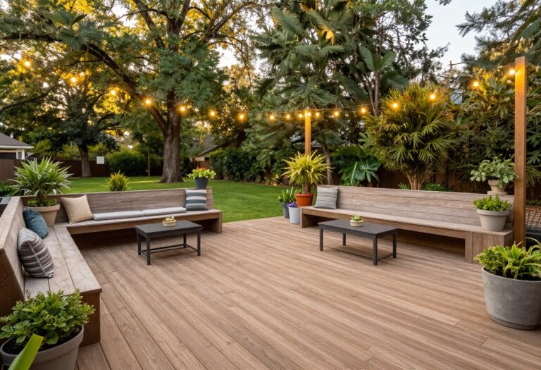 Backyard deck with built-in seating, string lights, and outdoor furniture at sunset