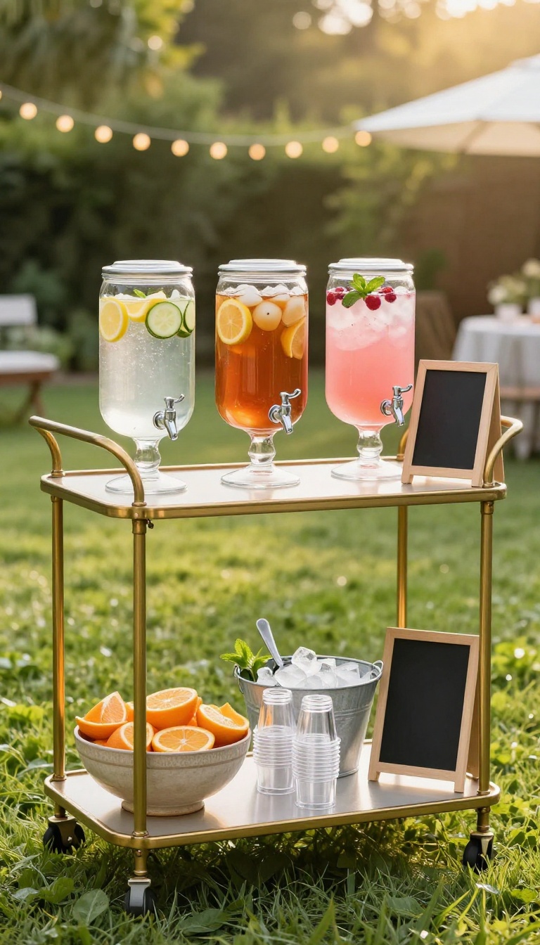 Styled backyard engagement party drink station on a bar cart with glass dispensers, fresh fruit, ice bucket, and string lights in the background