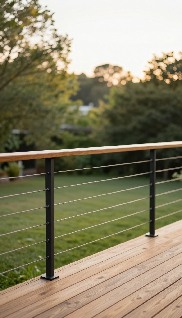 Modern backyard deck with sleek cable railing and slim metal posts overlooking a green lawn in bright natural light