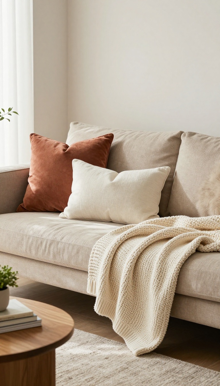 Tan couch styled with layered textured throws and pillows in warm neutral tones, bright natural light, cozy living room setting.