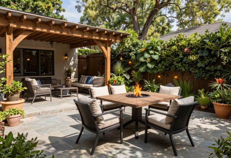 A cozy backyard patio with stone pavers, a pergola, outdoor furniture, and potted plants, ready for everyday use.
