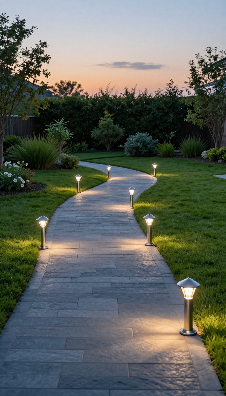 Solar stake lights glowing along a curved backyard walkway at dusk
