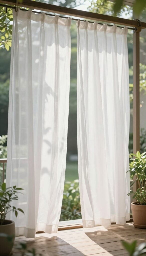 Outdoor patio with sheer white curtains filtering sunlight, creating a soft and airy ambiance.
