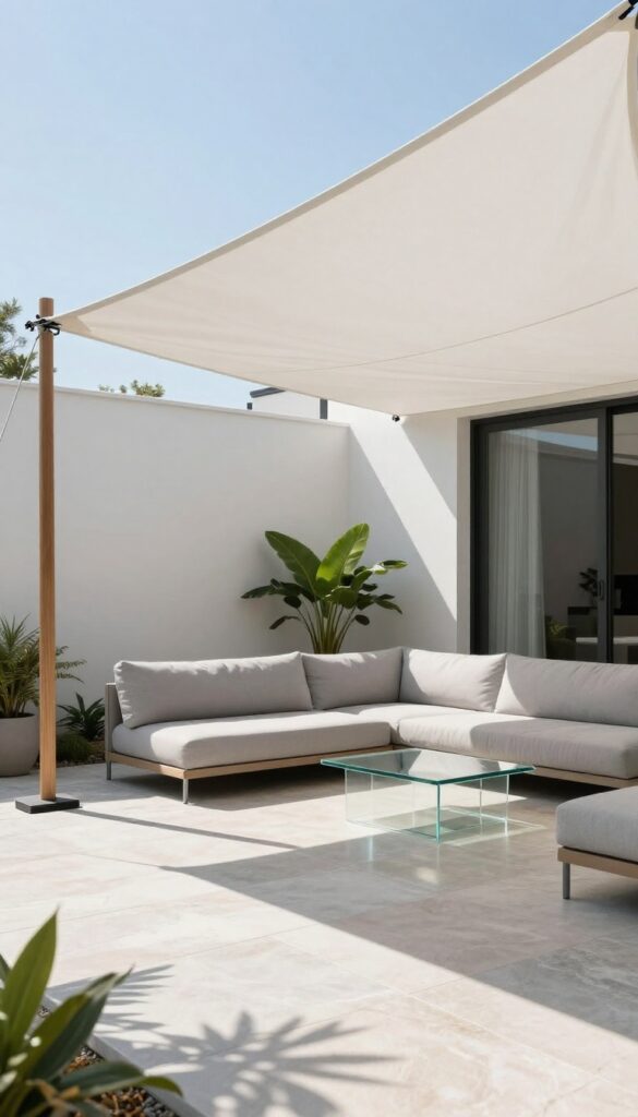 Modern patio with a white shade sail providing stylish shade over a comfortable seating area