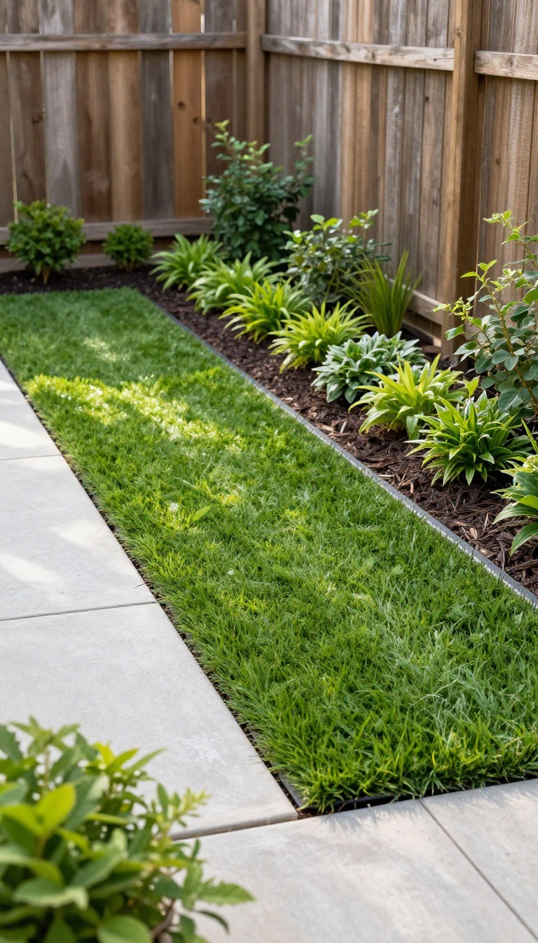 Straight strip of artificial turf bordered by steel edging along a wooden fence in a tidy backyard with mulch beds and a concrete walkway