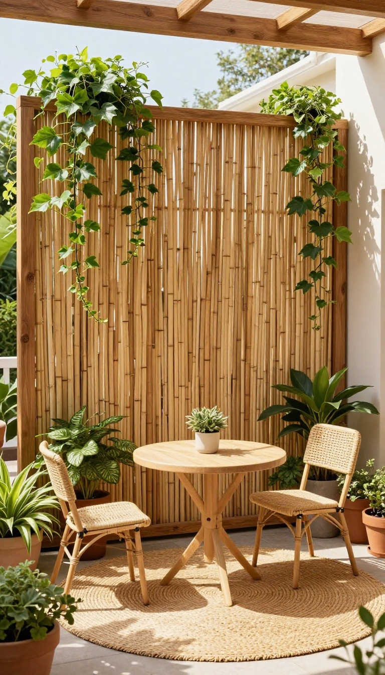 Cozy back patio with bamboo privacy screen and climbing plants