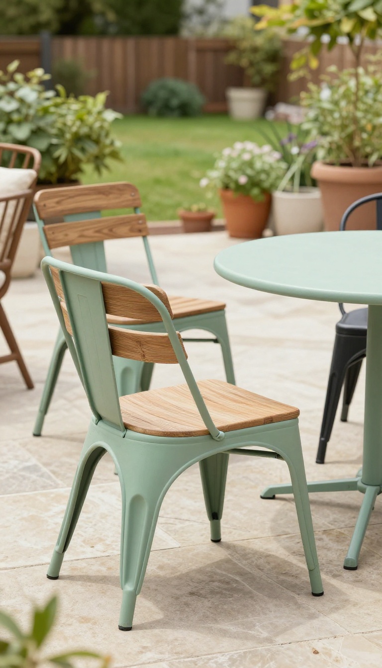 Mismatched patio furniture spray-painted in coordinating sage green, terracotta, and matte black, styled on a stone patio with plants.