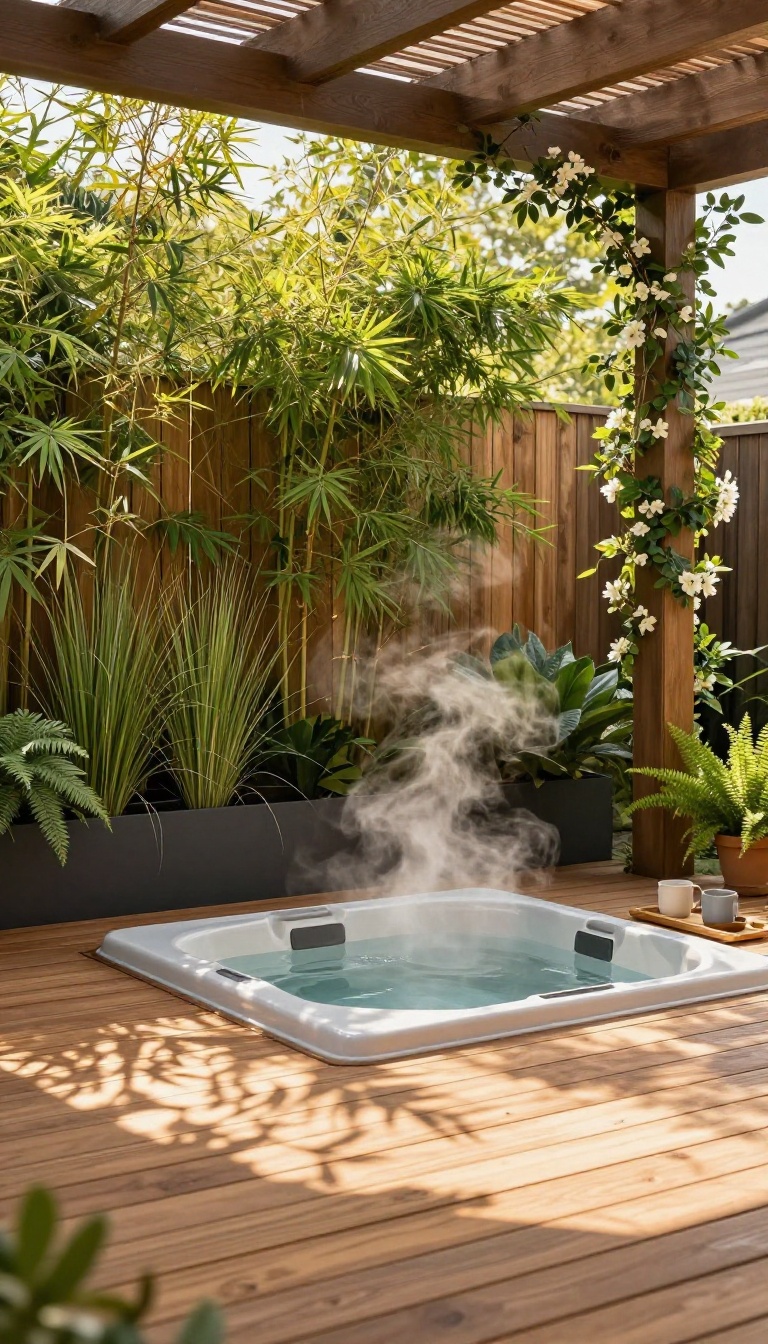 Backyard hot tub on a cedar deck with a slatted wood privacy screen and tall bamboo planters creating a secluded patio retreat