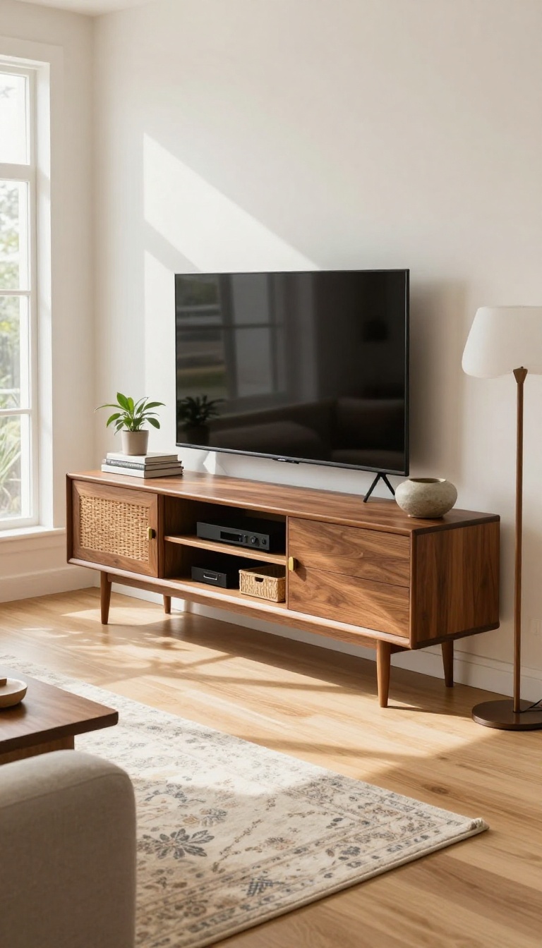 Mid-century modern media console in a bright living room with wood tones, tapered legs, and styled decor.