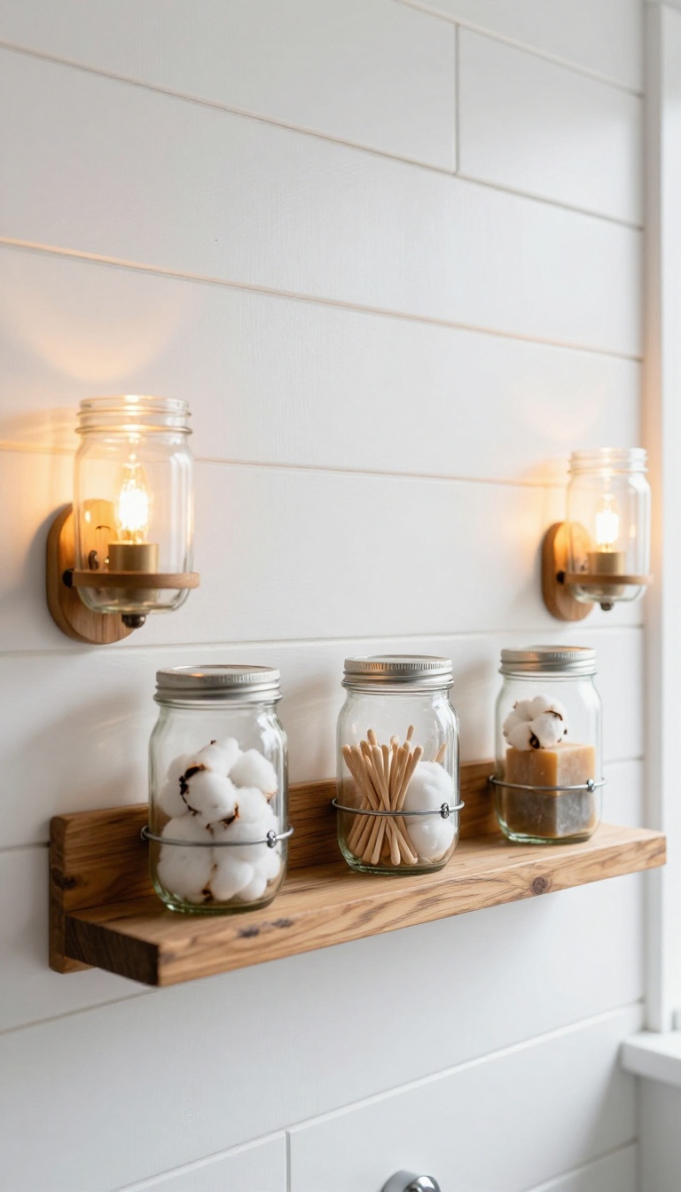 Rustic bathroom wall with mason jars mounted on stained wood for storage and glowing DIY mason jar sconces