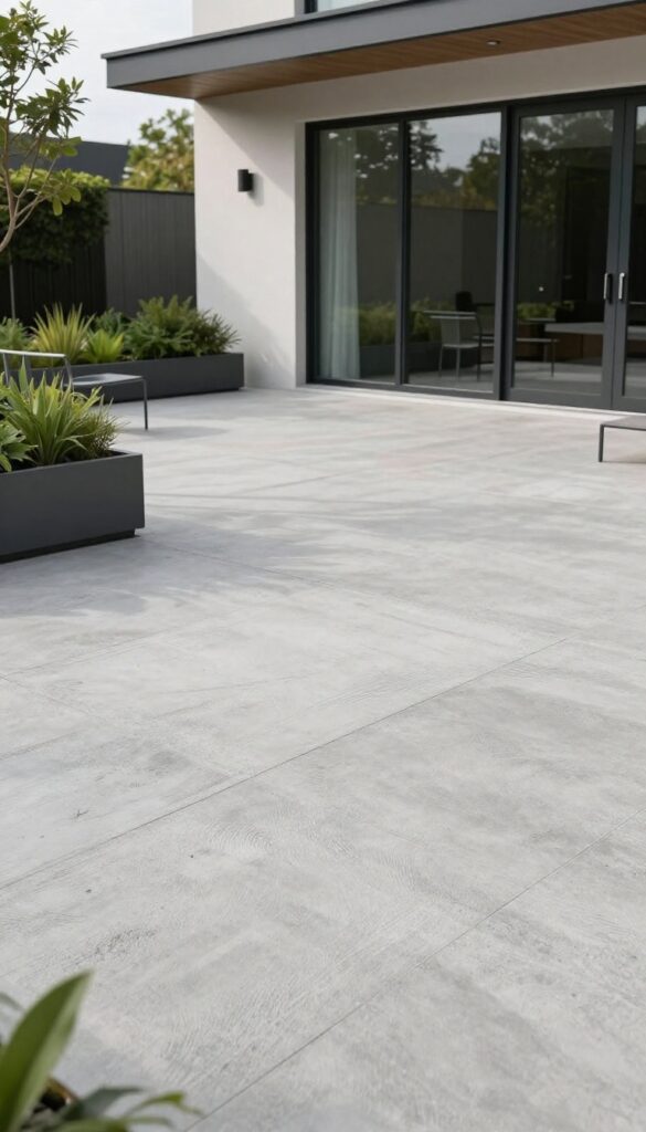 Modern concrete patio with broom finish texture and minimalist furniture