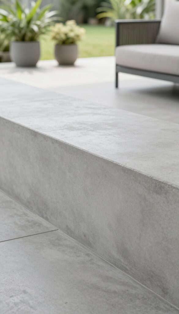 Modern concrete patio with matte sealer finish in bright sunlight, showing soft sheen and clean minimalist design.