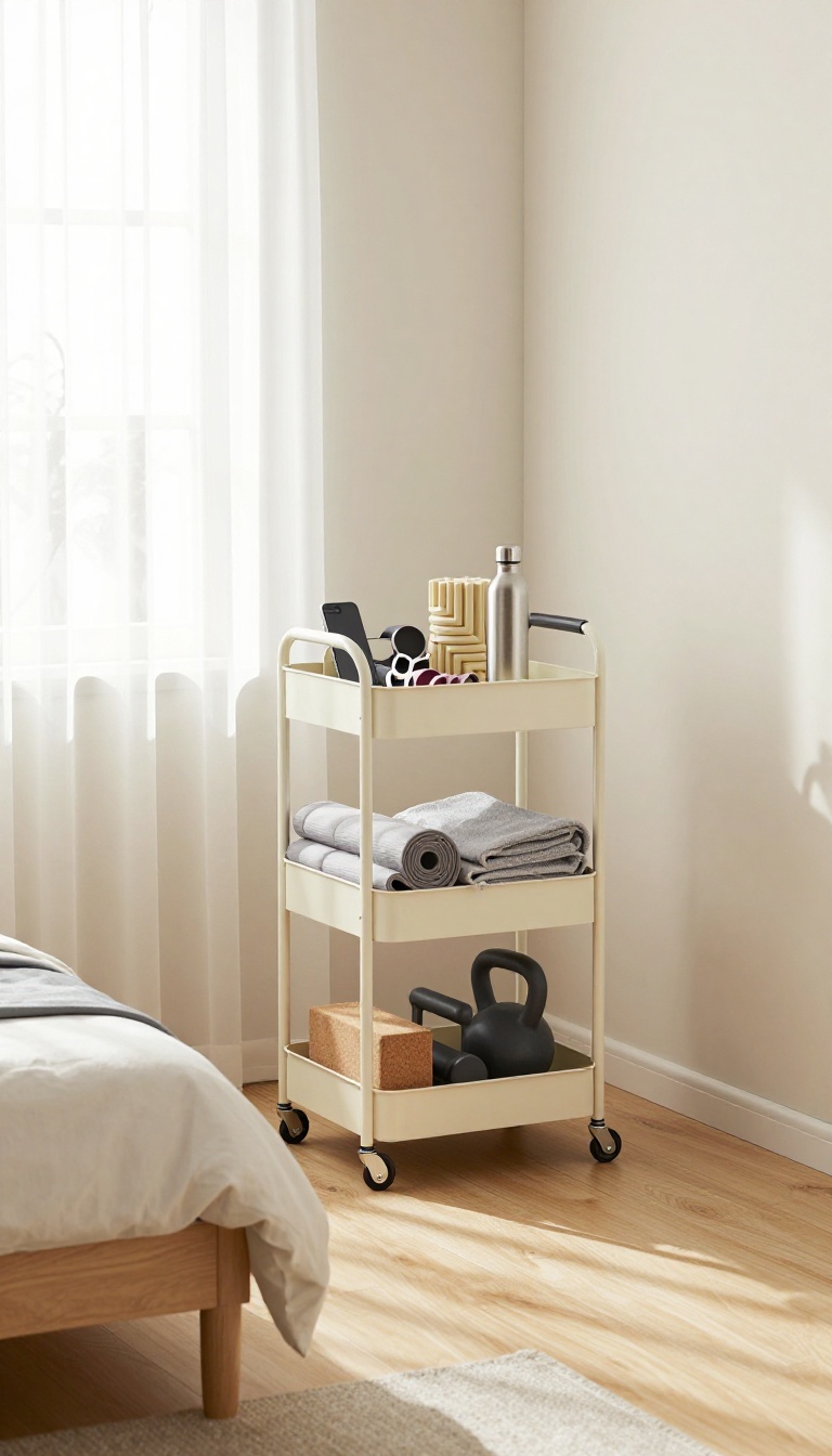 Slim three-tier rolling cart in a bright bedroom corner holding a folded yoga mat, resistance bands, water bottle, and small dumbbells as a portable home gym setup