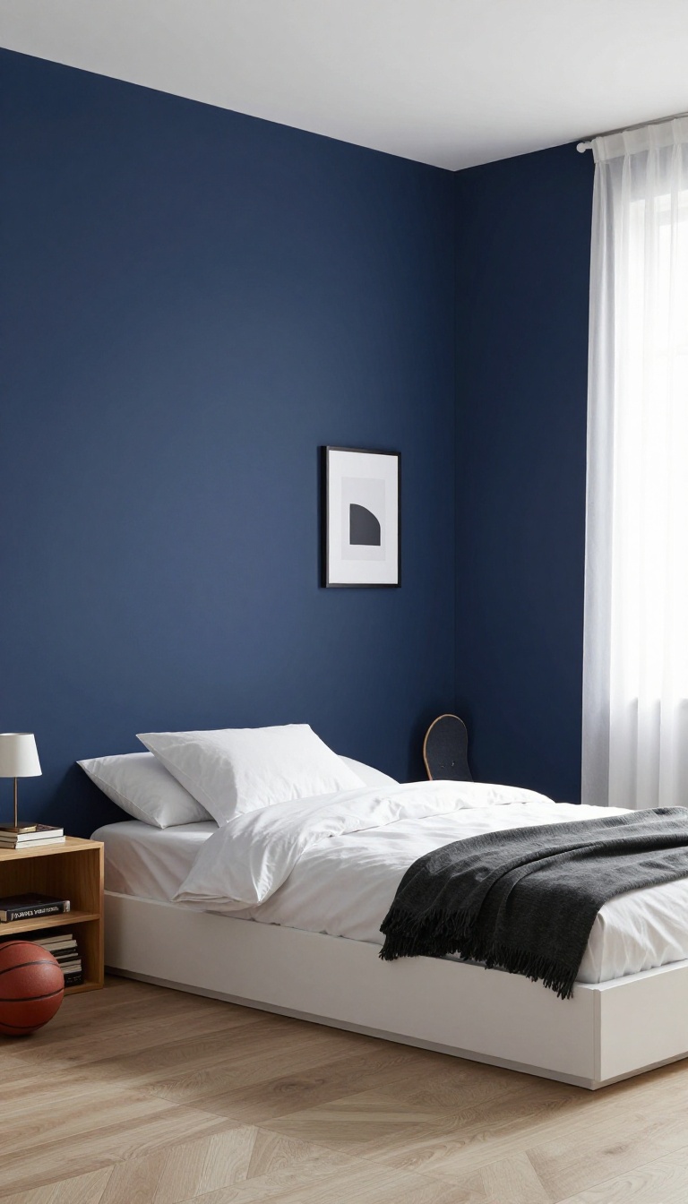 Small teen boy's bedroom with a bold navy accent wall behind a platform bed and bright natural light