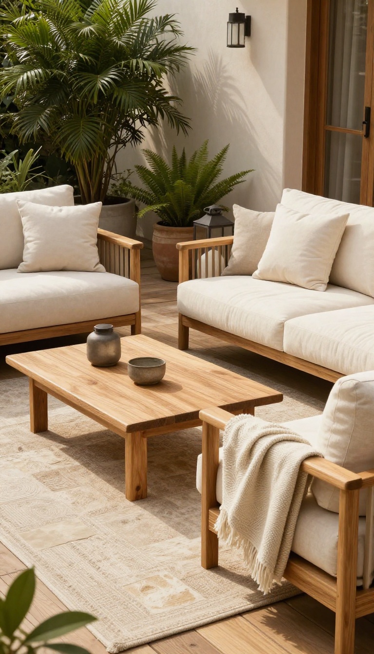 A comfortable deep-seating conversation set on a patio with plush sofas facing each other around a coffee table, surrounded by plants and decor, in bright natural light.