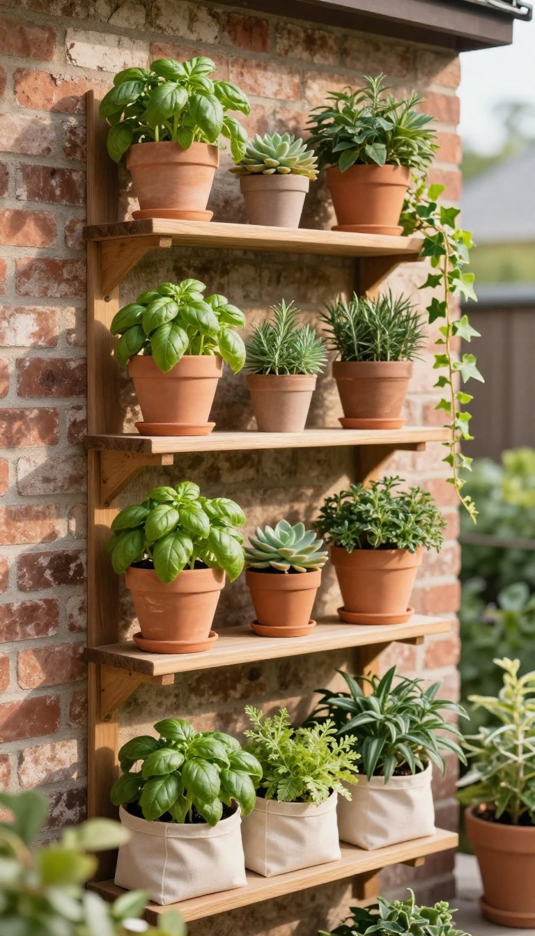 Small backyard patio with vertical wall planters and tiered shelves holding herbs and succulents against a brick wall