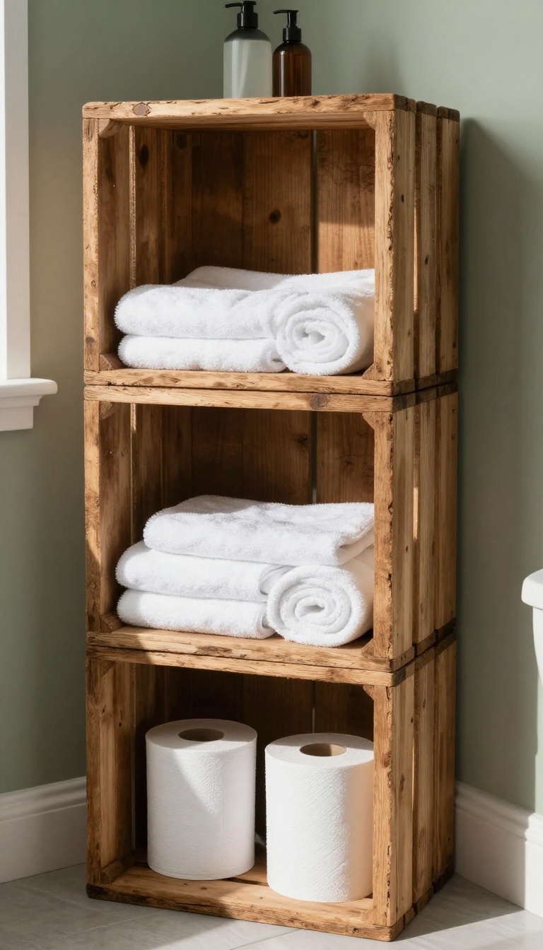 Stacked wooden crates used as rustic bathroom storage holding rolled towels and toiletries in a bright farmhouse bathroom